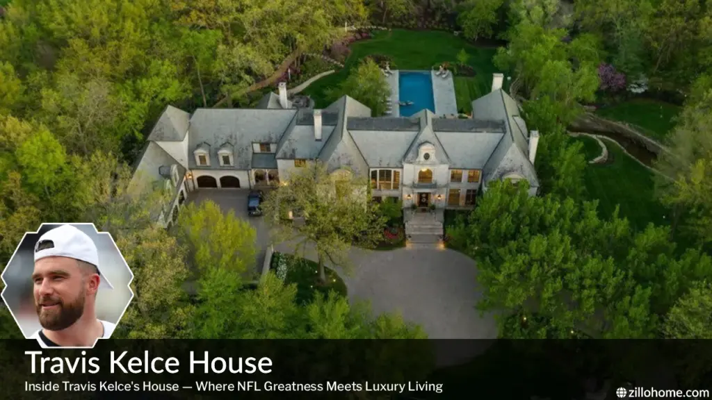 Travis Kelce House exterior view of the $6 million French Regency stone mansion in Leawood Kansas