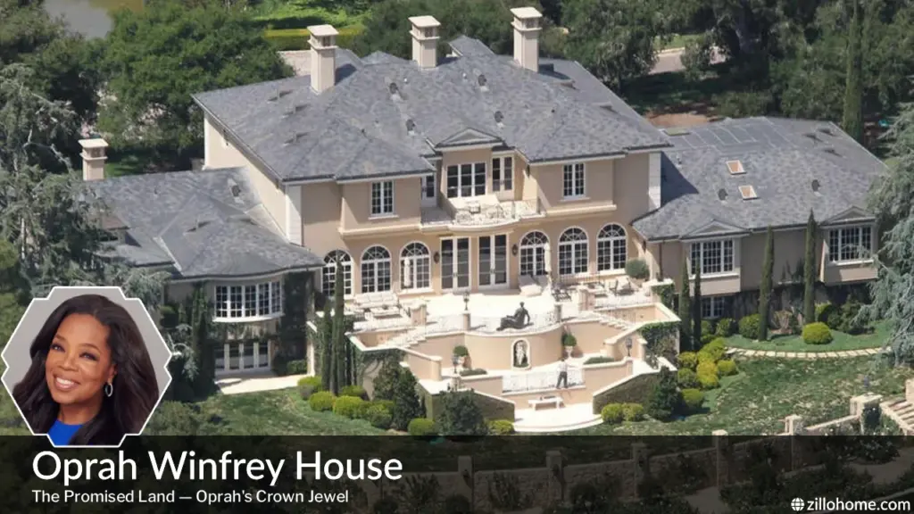 Iconic Media Mogul’s Oprah Winfrey House Tour in Montecito, California Aerial view of Oprah Winfrey House estate in Montecito California known as The Promised Land