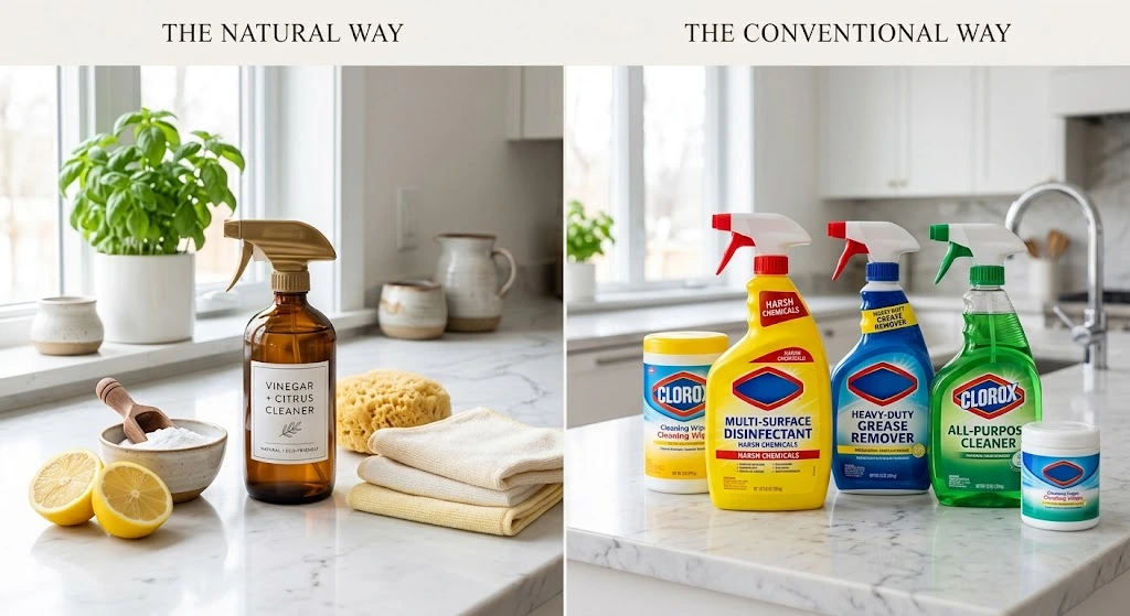 Natural cleaning ingredients compared with traditional chemical cleaning products