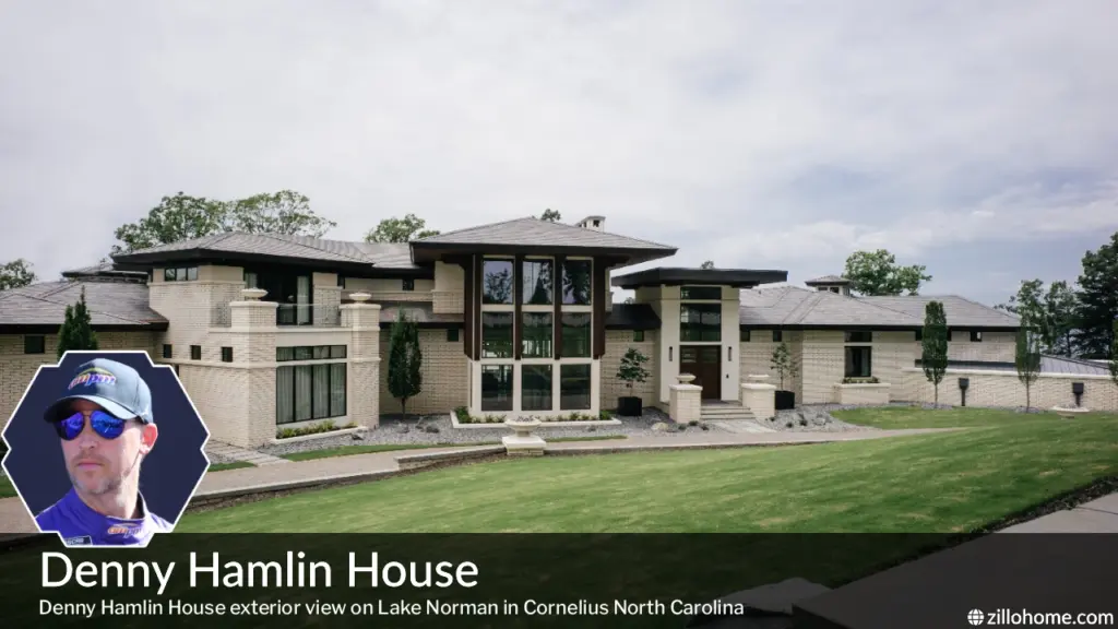 A $9.7 Million Denny Hamlin House Tour in Cornelius, North Carolina Exterior view of the Denny Hamlin House on Lake Norman in Cornelius, North Carolina