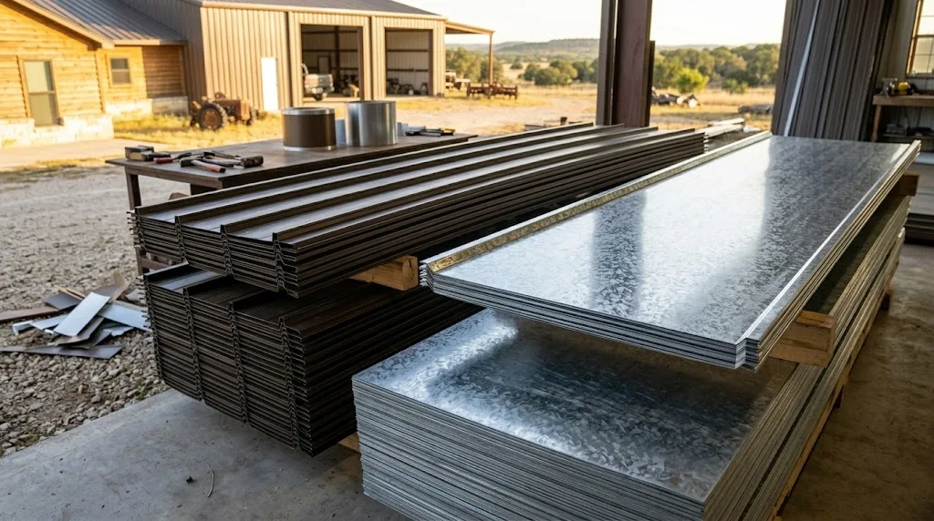 Close-up of metal roofing panels representing Galvalume and galvanized steel materials