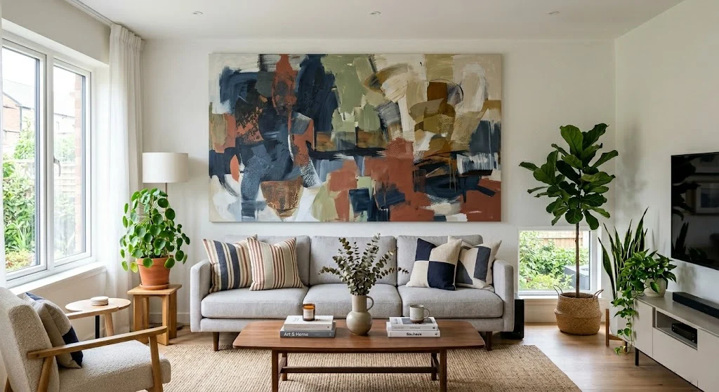 Oversized abstract wall art above sofa