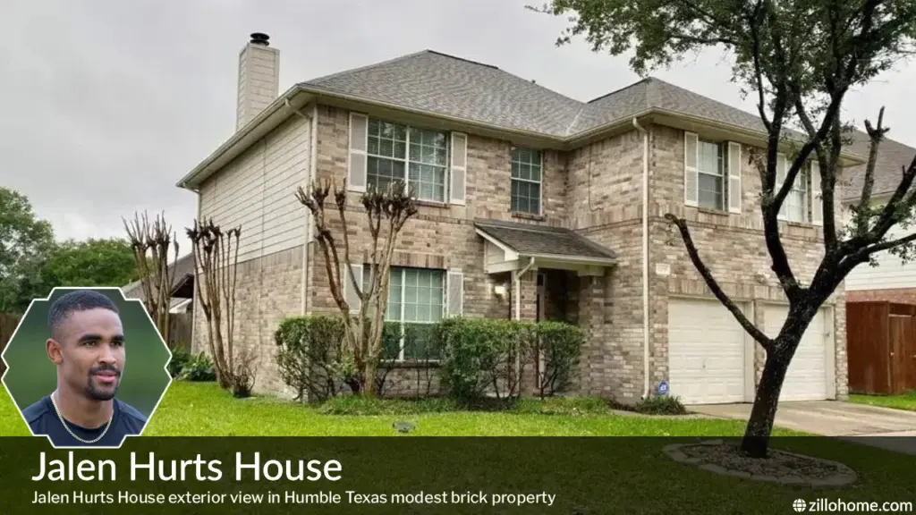 Jalen Hurts House exterior view in Humble Texas modest brick property
