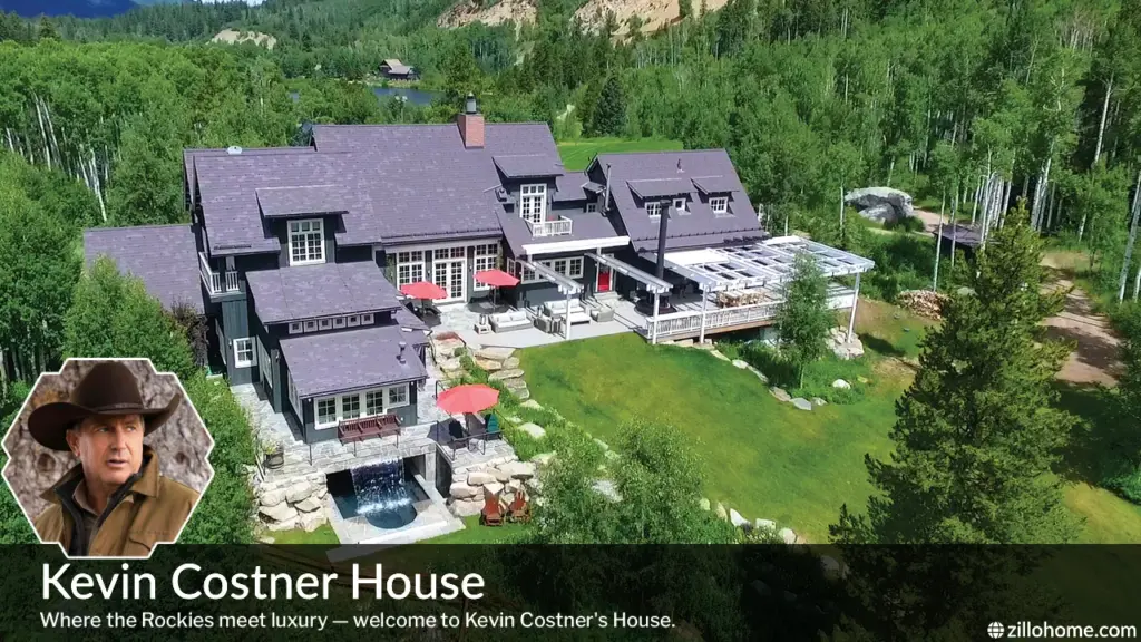 Kevin Costner House exterior view of Aspen Colorado ranch with mountain backdrop