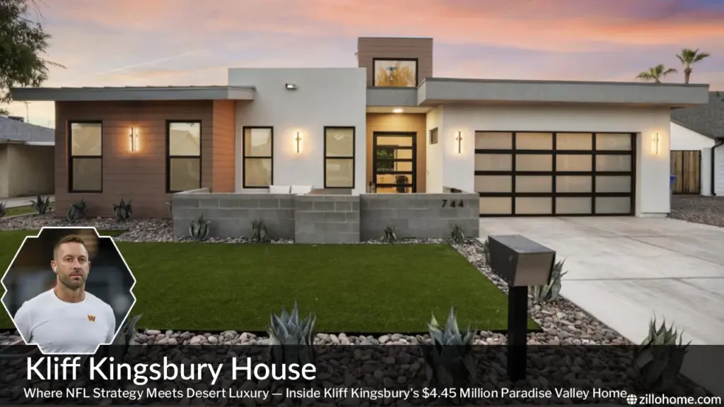 Exterior view of the Kliff Kingsbury House in Paradise Valley Arizona with Camelback Mountain in the background