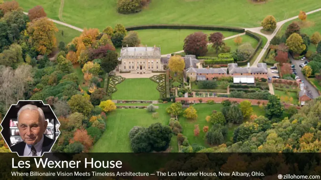 Aerial view of the Les Wexner House, a Georgian-style estate in New Albany, Ohio, surrounded by private grounds and gardens.