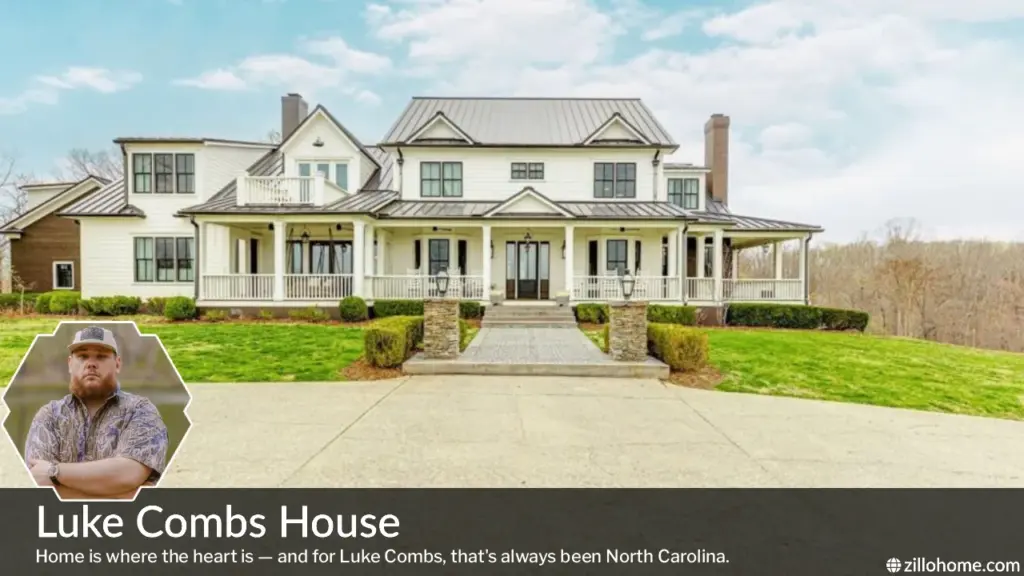 Luke Combs House exterior view in Charlotte, North Carolina — farmhouse-style country music star home
