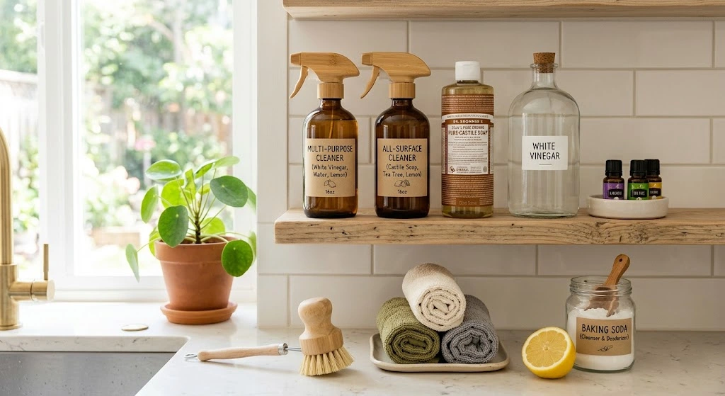 Natural Cleaning Products: The Complete Guide to a Safer, Cleaner Home Natural cleaning products arranged in a modern home with vinegar baking soda and reusable spray bottles