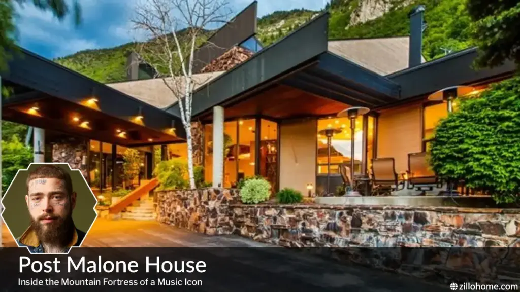 Post Malone House — aerial view of the luxury mansion in Cottonwood Heights, Utah, surrounded by mountain scenery.