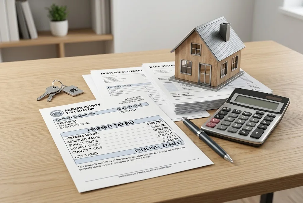 Property tax bill next to a model house and calculator