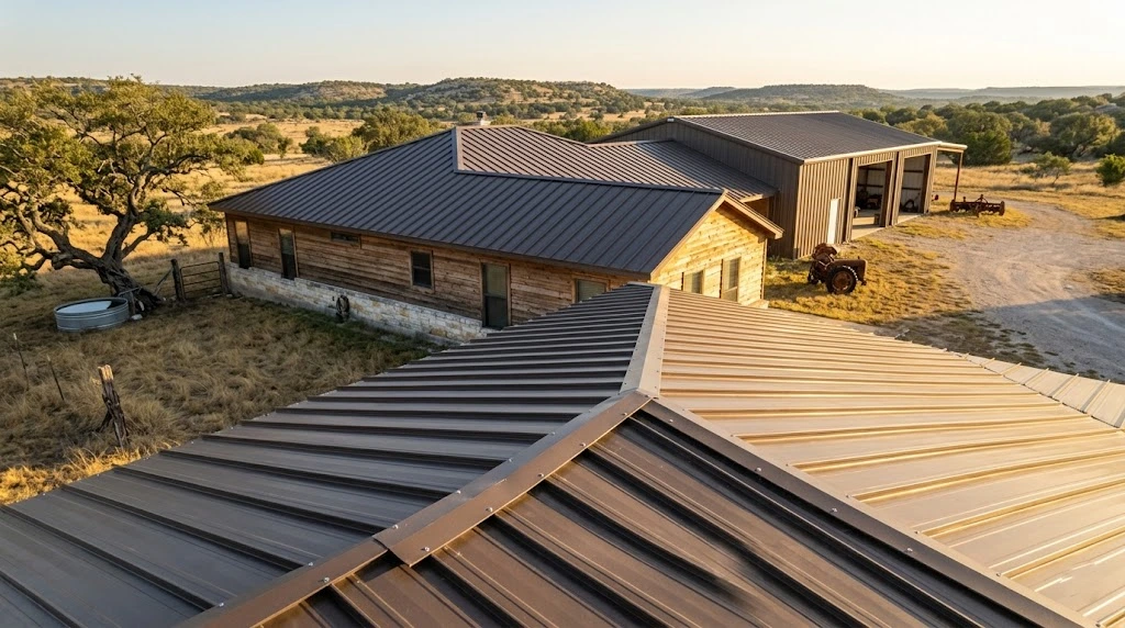 R-panel exposed fastener metal roof on a rural Central Texas property