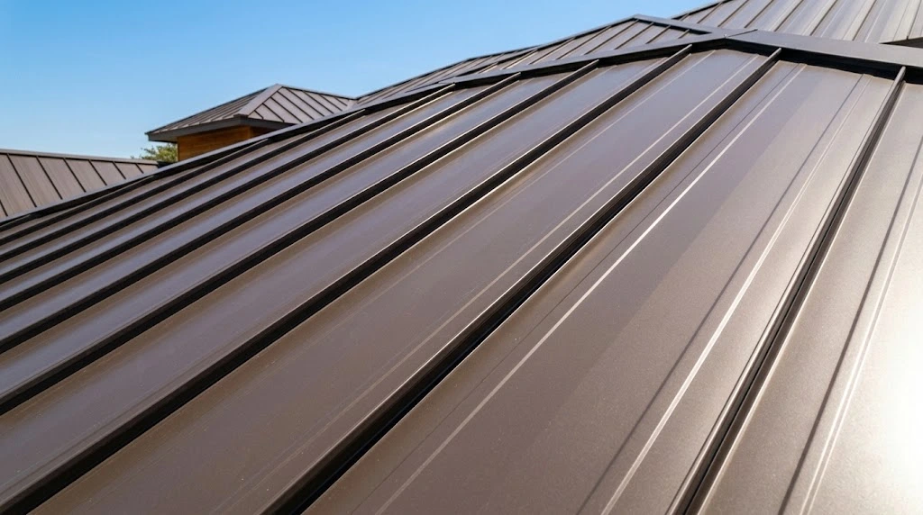 Standing seam metal roof with raised interlocking panels on a Central Texas home