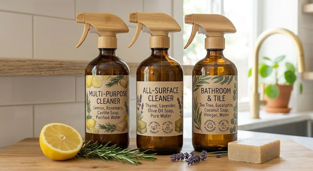 Eco-friendly cleaning product bottles with transparent ingredient labels and plant-based ingredients