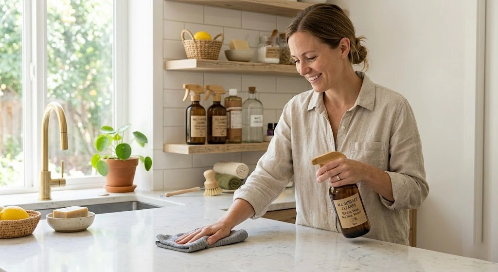 Using natural cleaning products in a bright modern kitchen or bathroom