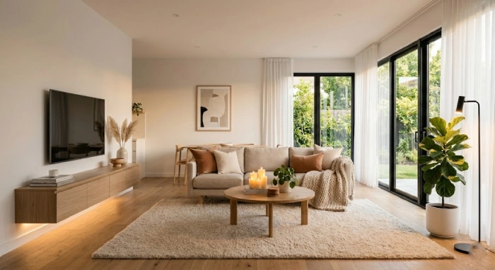 Cozy minimalist living room with warm decor elements