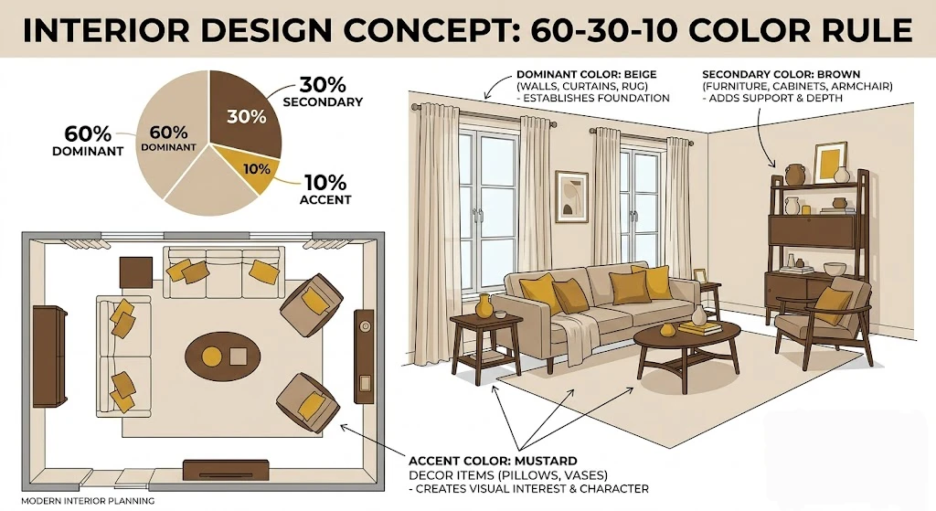 Living room color scheme showing 60-30-10 design rule