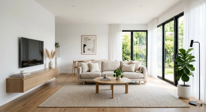 Simple minimalist living room with clean and open design