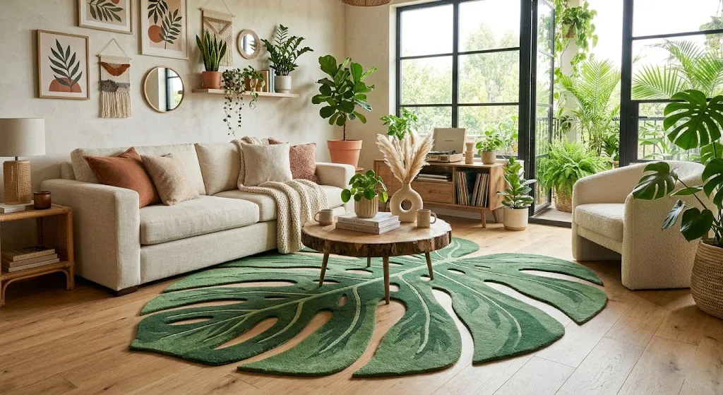 Monstera leaf shaped rug in a modern living room