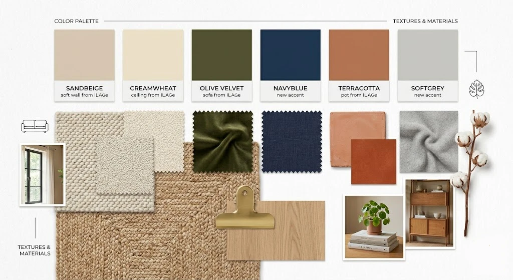 Living room decor color palette with modern paint and fabric samples