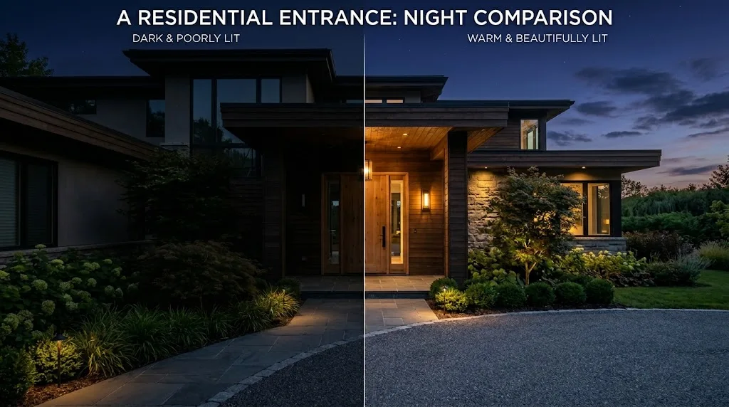 Comparison of poorly lit and well-lit front entry lighting