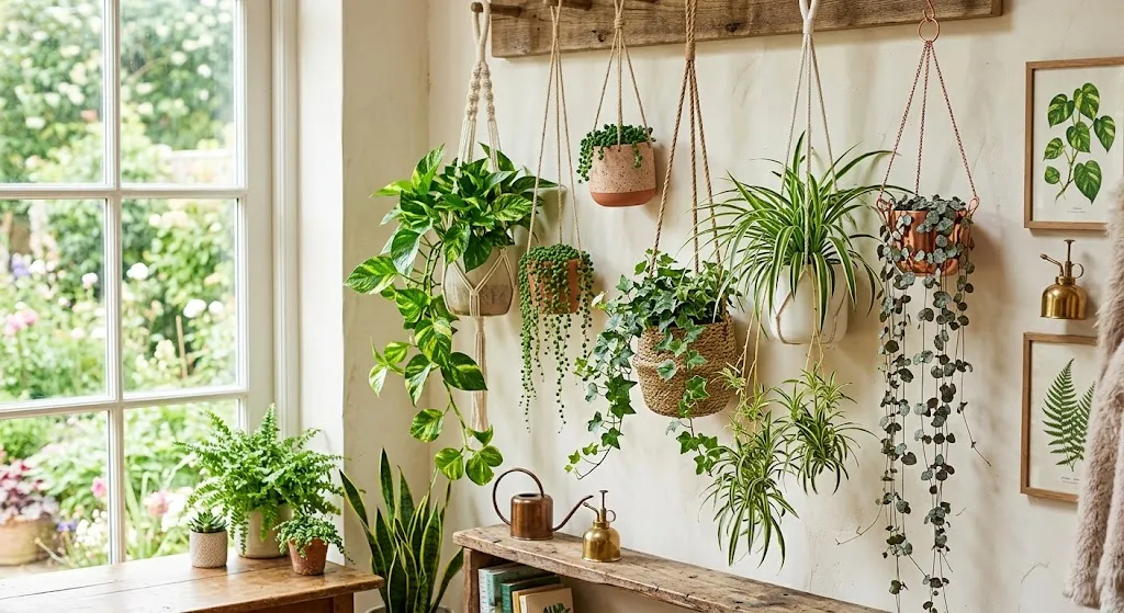 Popular trailing plants used in macramé hanging planters.