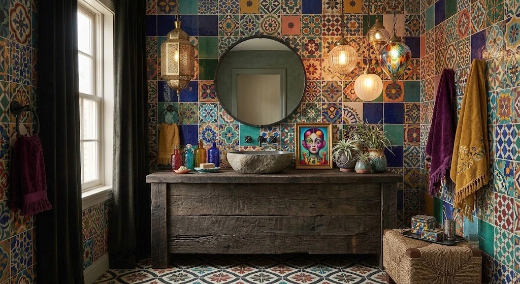 Eclectic bathroom featuring mixed patterns and colorful decor.