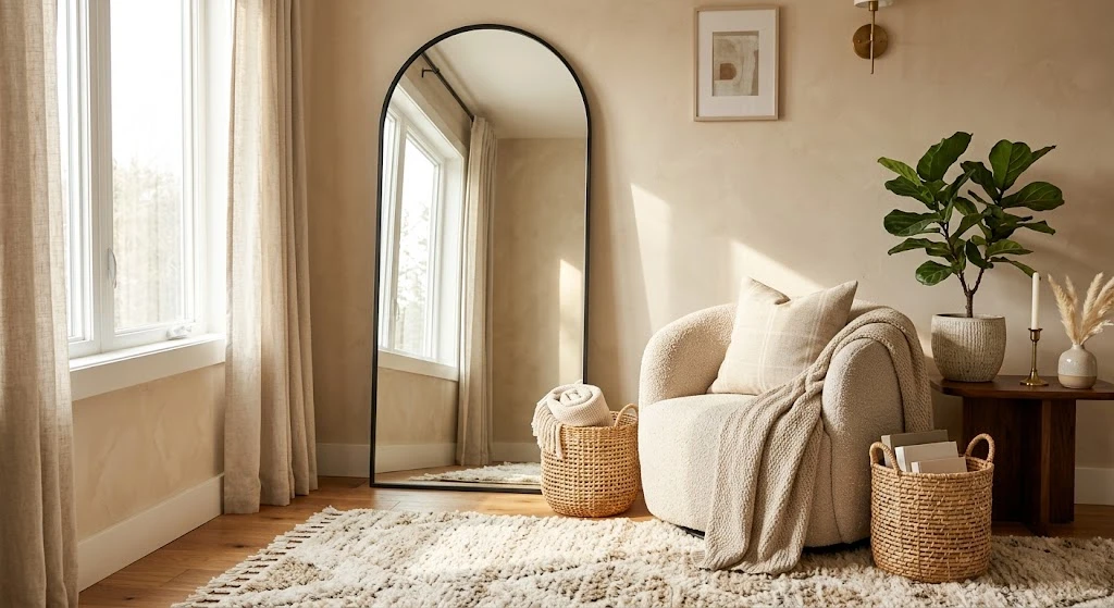 Floor mirror styled in a cozy bedroom corner.