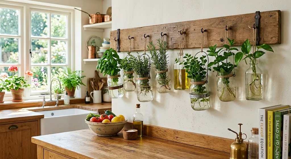 Mason jar wall planters filled with herbs and plant cuttings.
