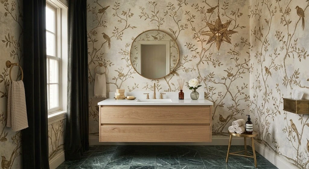Modern half bathroom decor with wallpaper and floating vanity.