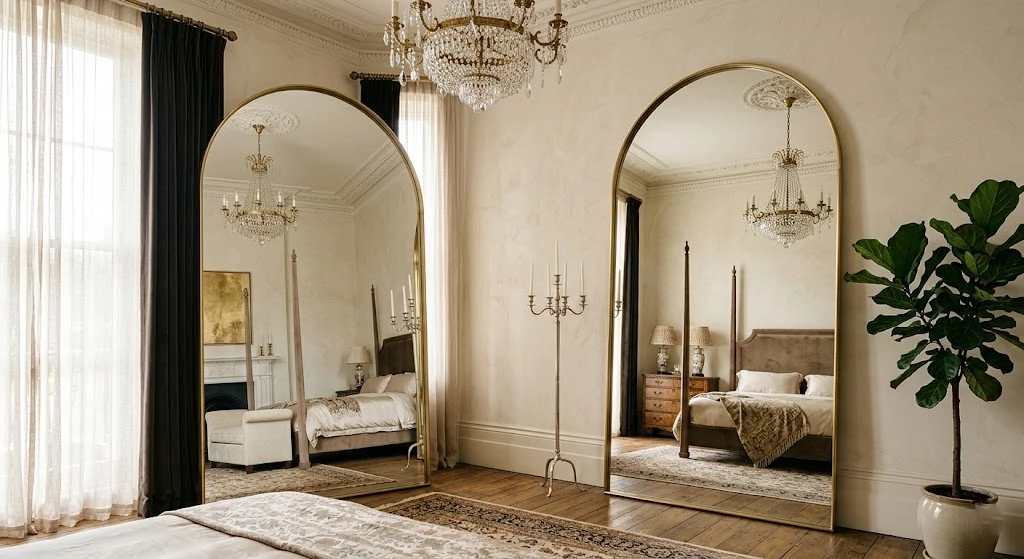 Long arched mirror enhancing bedroom height.