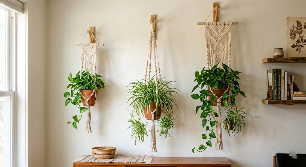Macramé wall plant hangers displaying trailing indoor plants.