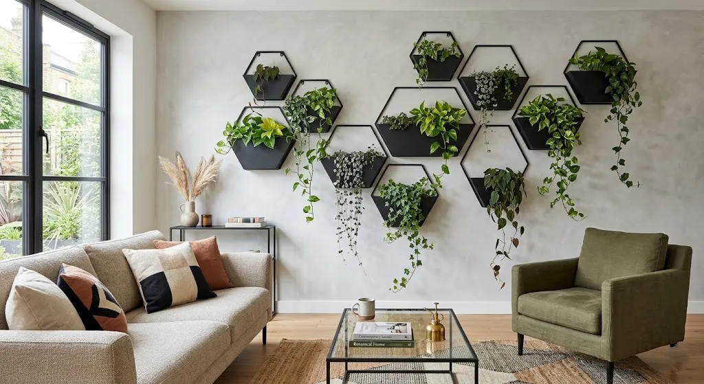 Black metal wall planters decorated with cascading plants.