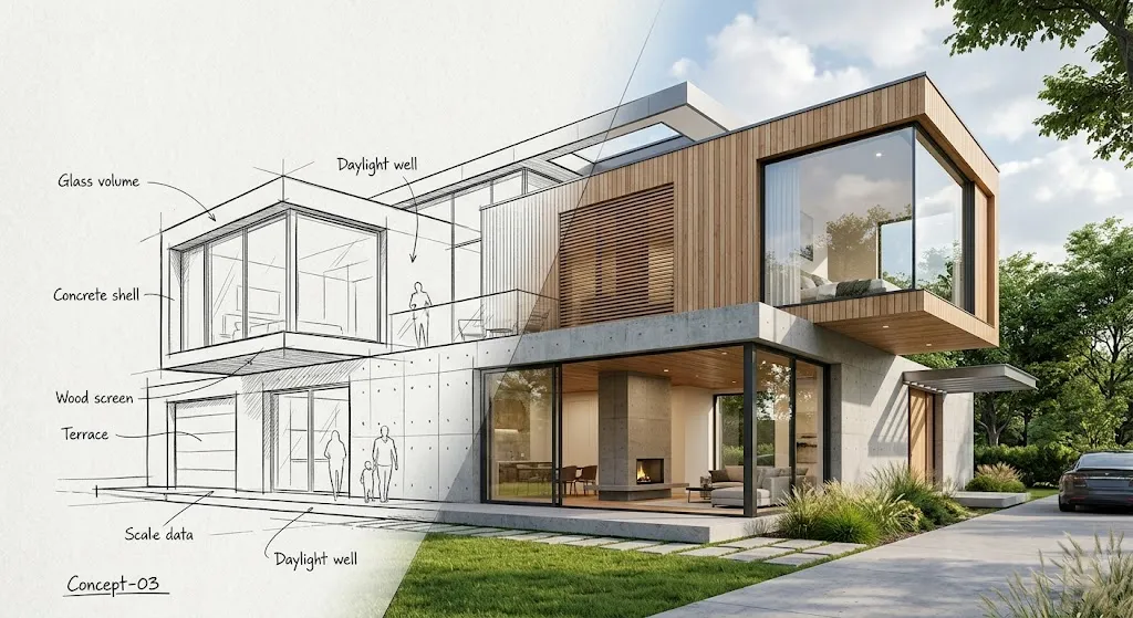 Modern house design concept blending glass, wood, and concrete elements.