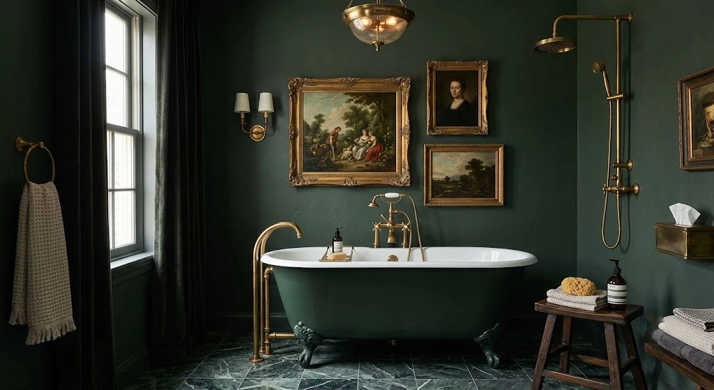 Moody vintage bathroom with clawfoot tub and antique brass fixtures.