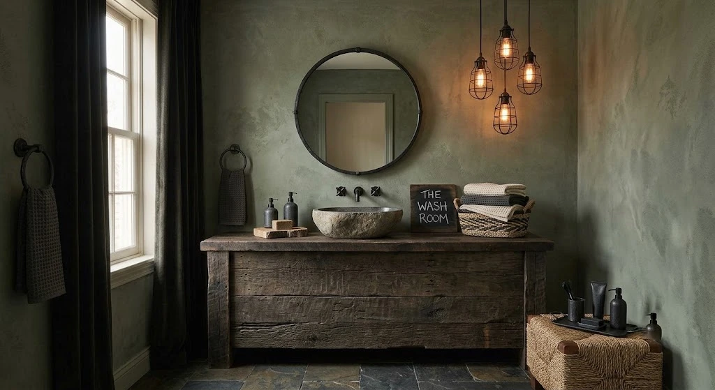 Rustic bathroom with reclaimed wood vanity and stone sink.
