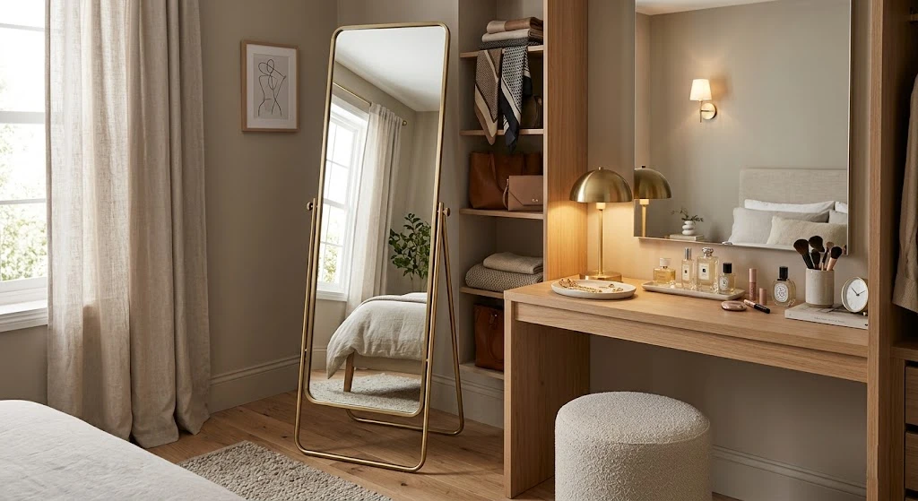 Standing mirror beside a bedroom dressing area.