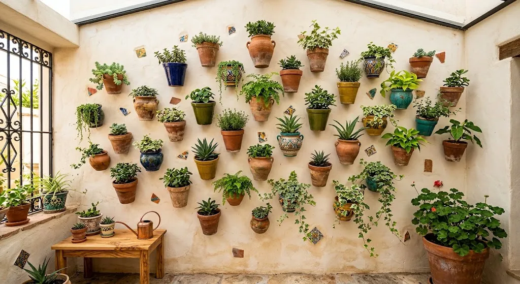 Wall-mounted terracotta and ceramic planters with greenery.