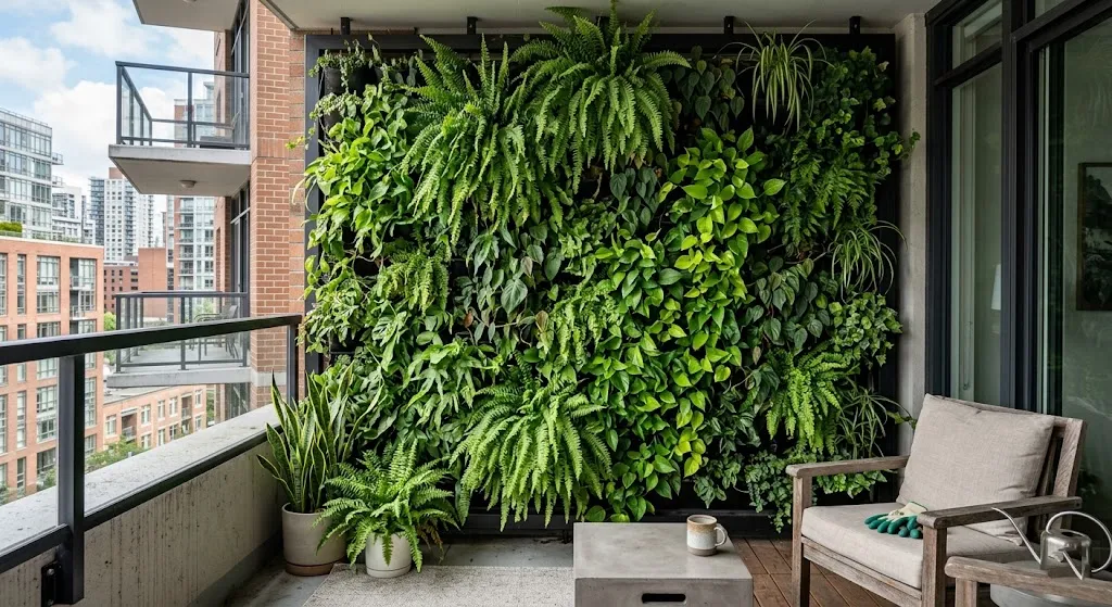 Balcony wall transformed into a thriving vertical garden.