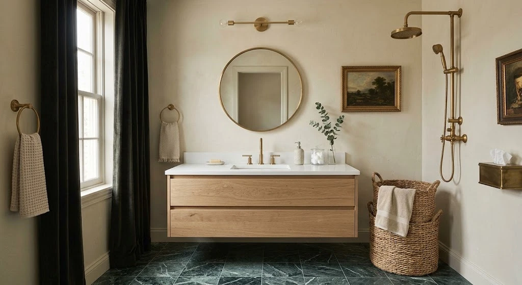 Warm neutral guest bathroom with wood vanity and natural decor.