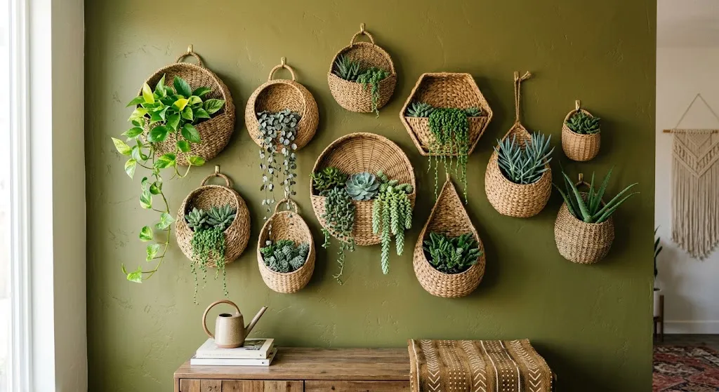 Woven basket wall planters displayed on a decorative wall.