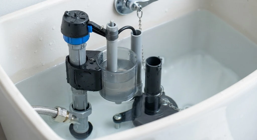 Modern toilet fill valve and float cup inside the tank