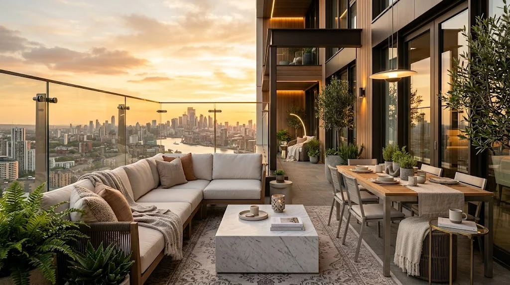 Big balcony with separate lounge, dining, and reading areas.