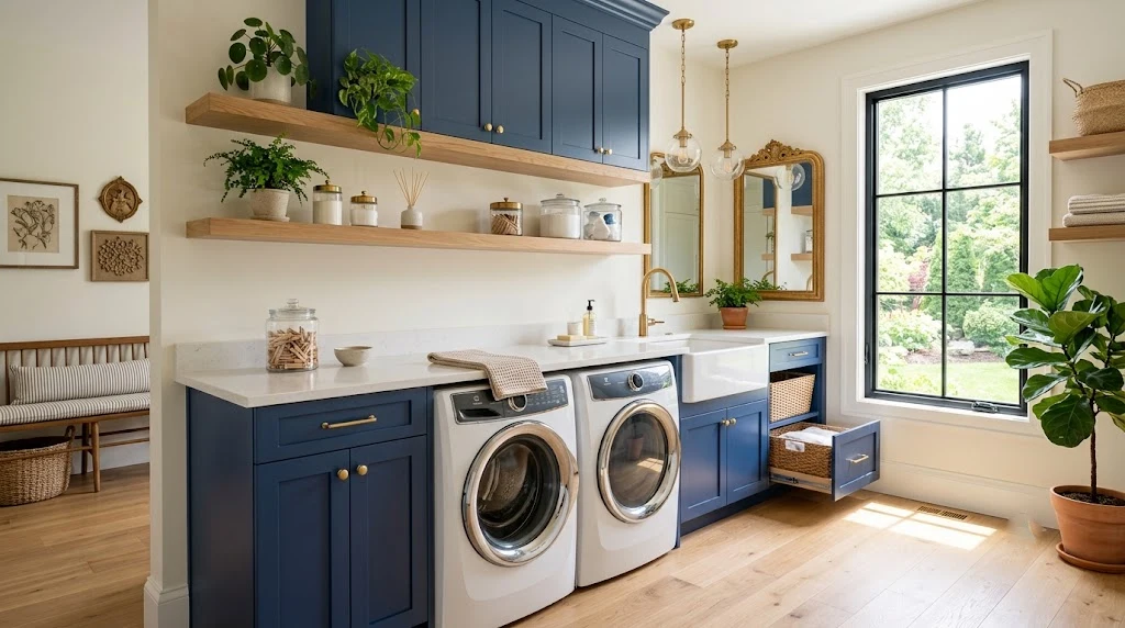 Custom luxury laundry room cabinets with quartz countertop and built-in storage.