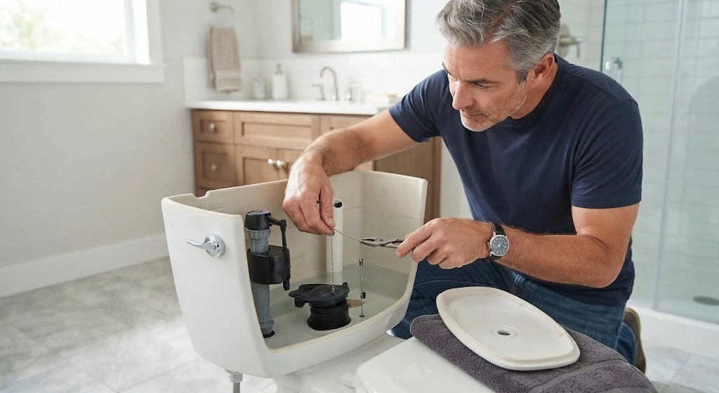 Homeowner fixing a running toilet by adjusting the flapper and chain
