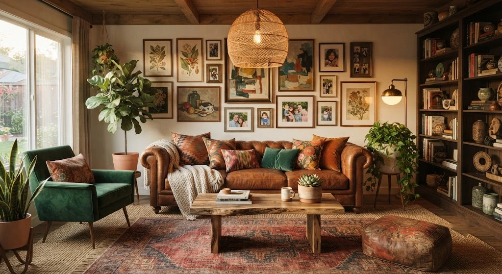 Cozy eclectic home with mixed furniture styles, colorful décor, and layered textures.