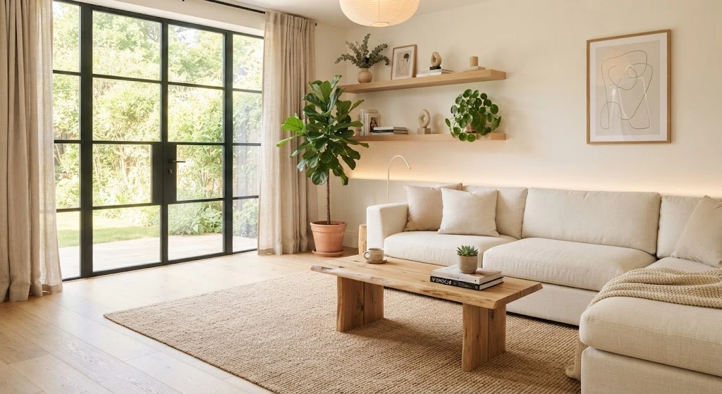 Cozy minimalist living room with neutral colors, wooden furniture, soft lighting, and indoor plants.