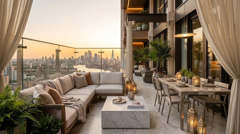 Mansion-inspired balcony with luxury furniture and elegant outdoor décor.