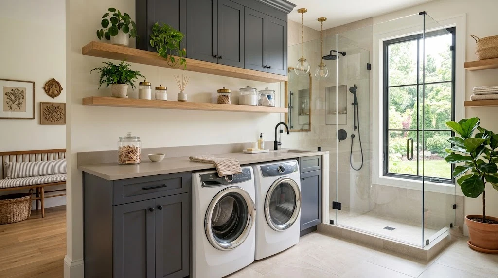 Modern laundry room bathroom combo with space-saving layout and luxury finishes.