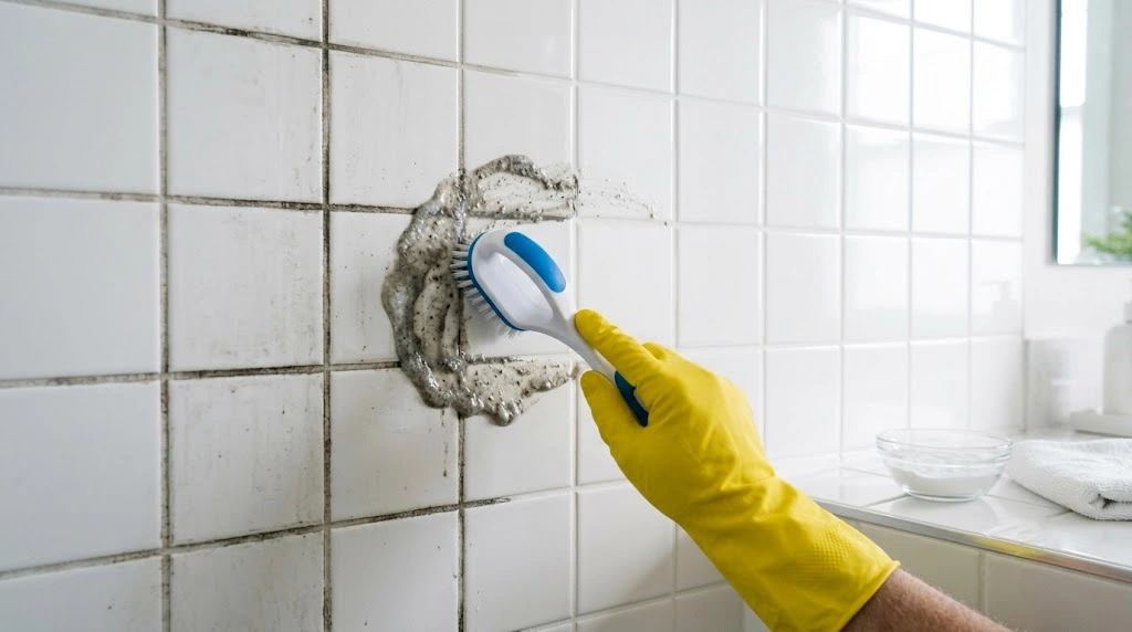 Cleaning shower grout with baking soda paste and a grout brush.