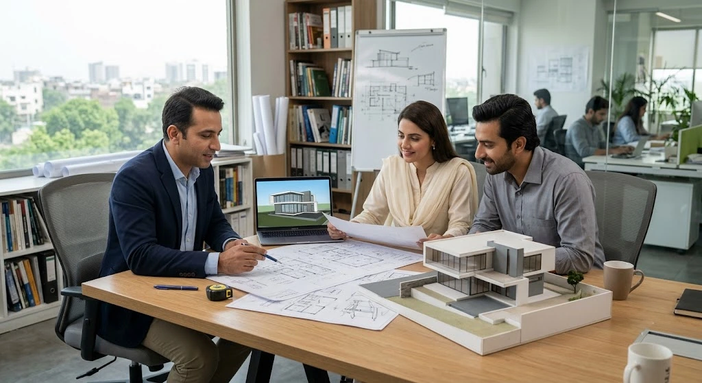 Architect discussing plans for a luxury ultra modern house.